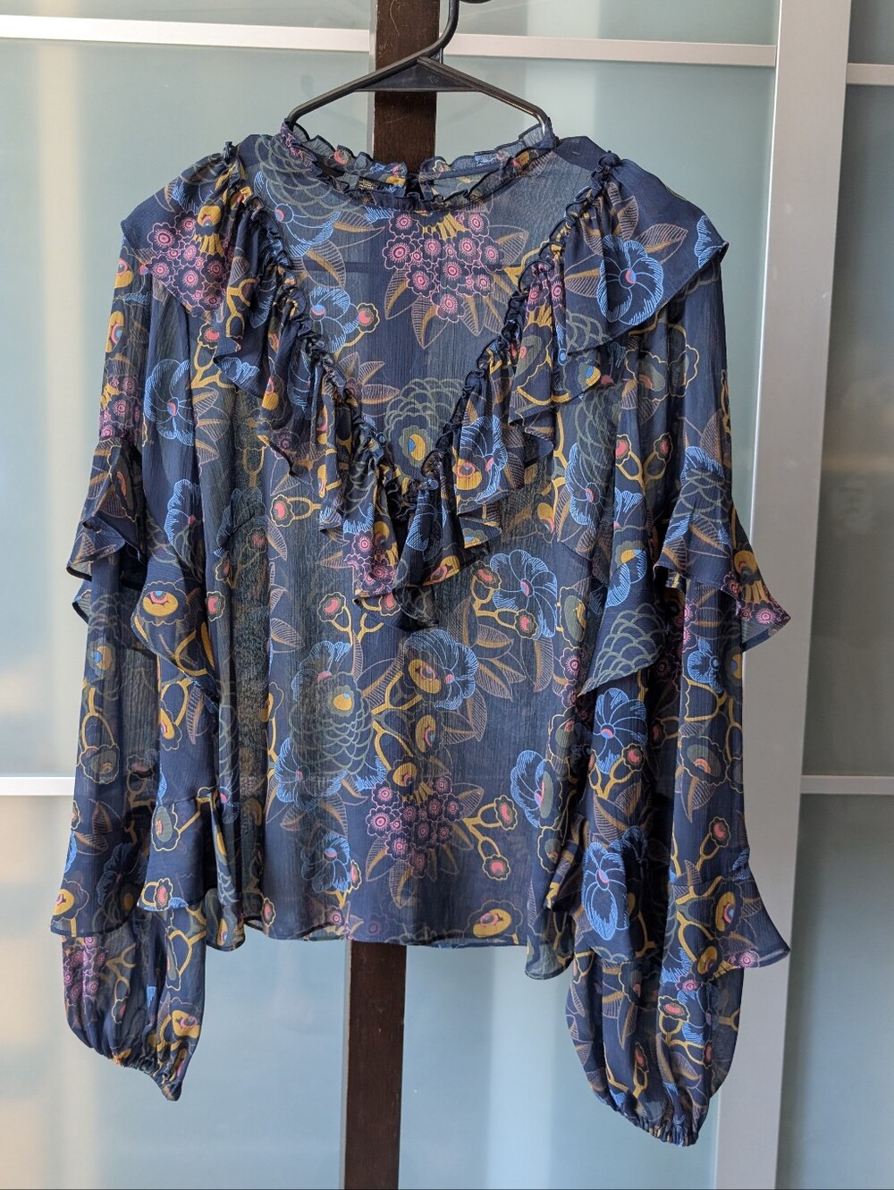 TED BAKER Jovena Printed Waterfall Ruffle Blouse In Navy - Size 1